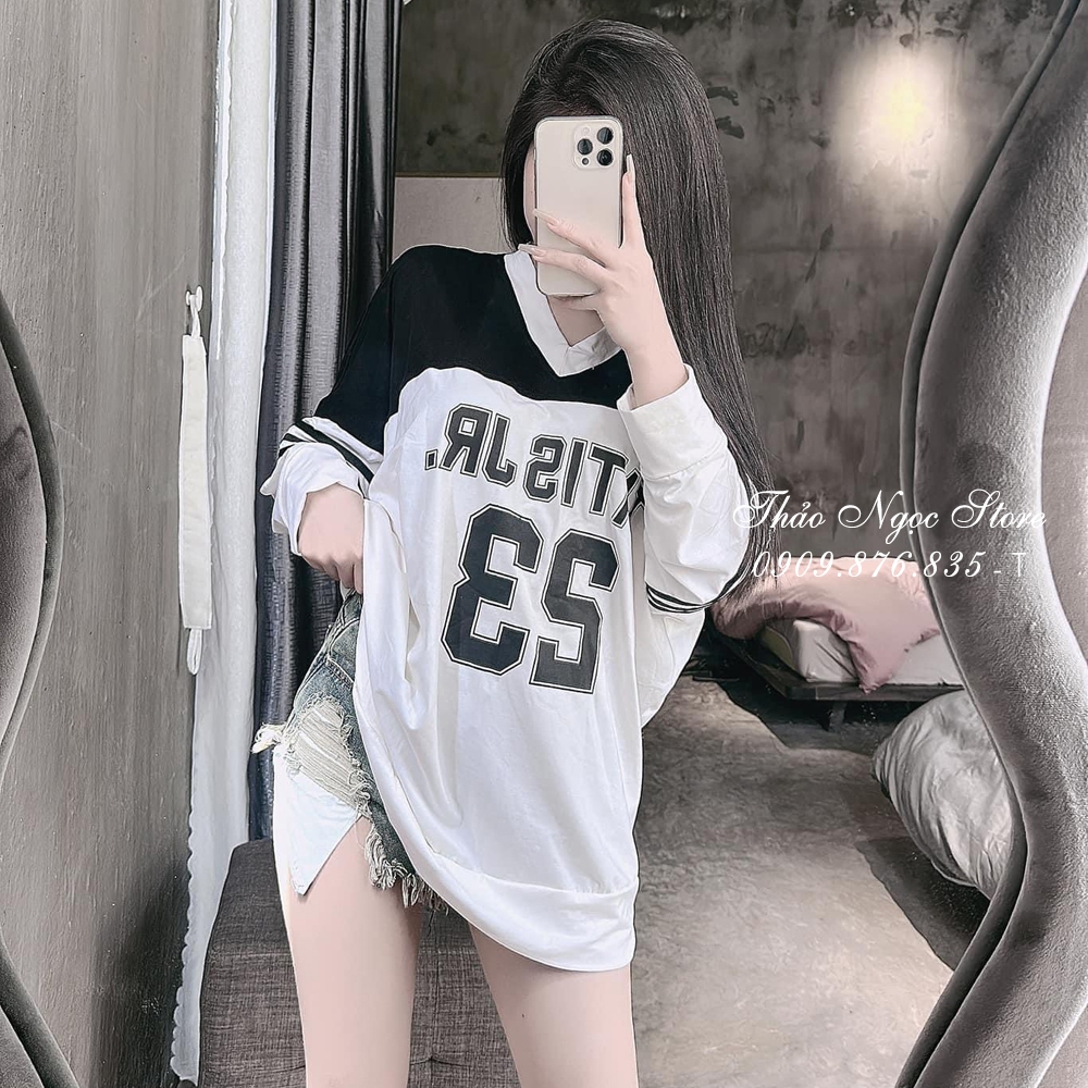 Áo thun nữ form rộng cổ tim số 23, áo thun phối màu form giấu quần!  THẢO NGỌC STORE
