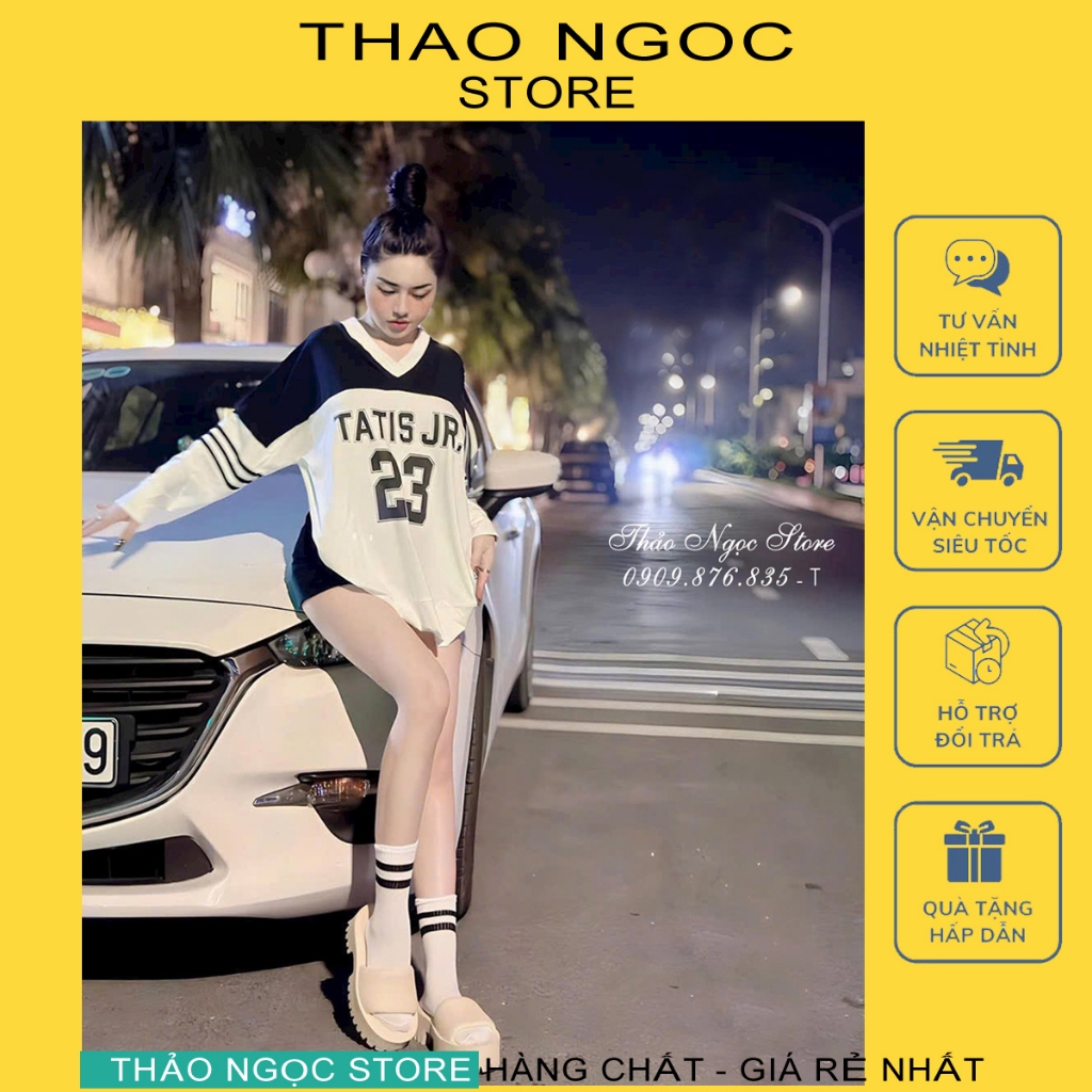 Áo thun nữ form rộng cổ tim số 23, áo thun phối màu form giấu quần!  THẢO NGỌC STORE