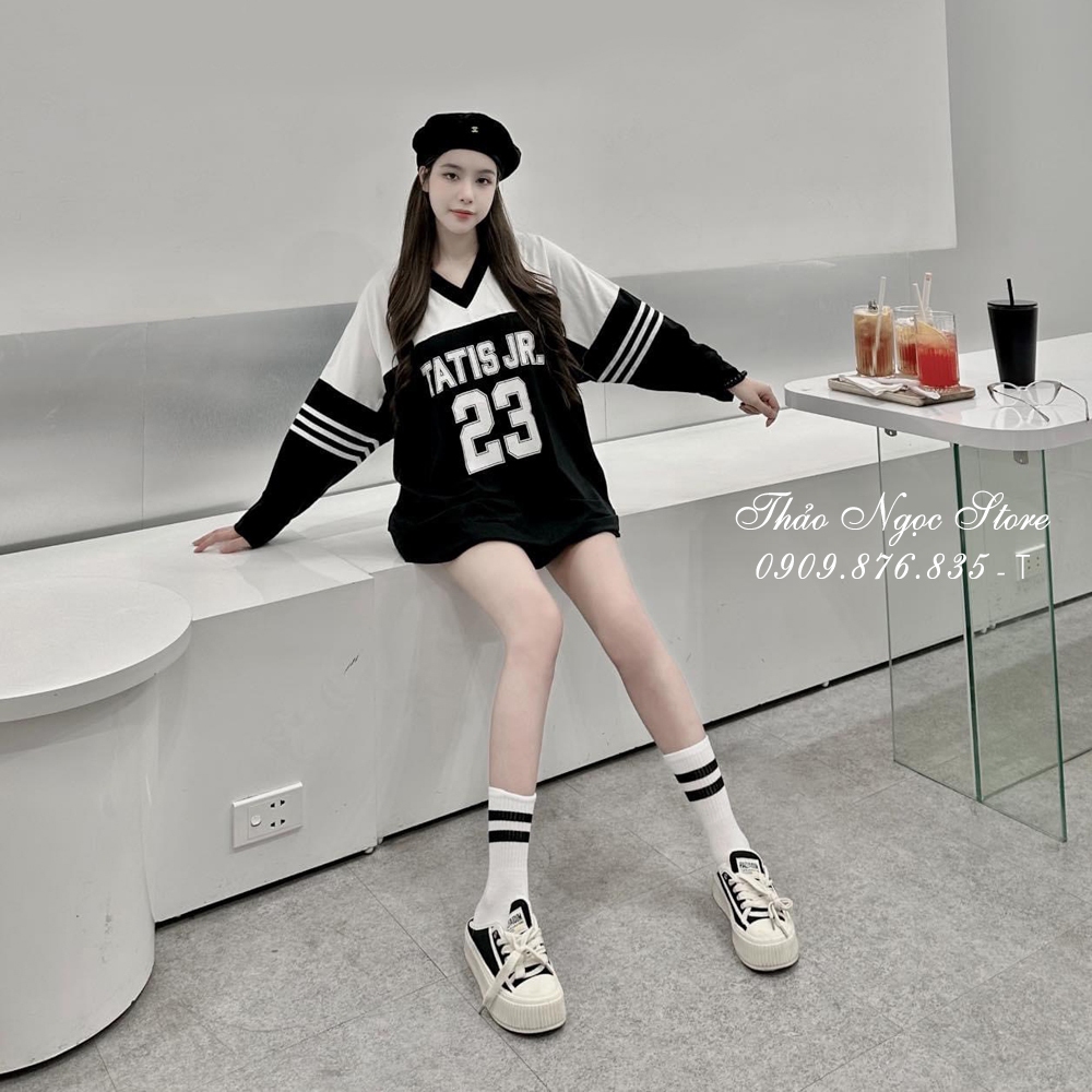 Áo thun nữ form rộng cổ tim số 23, áo thun phối màu form giấu quần!  THẢO NGỌC STORE