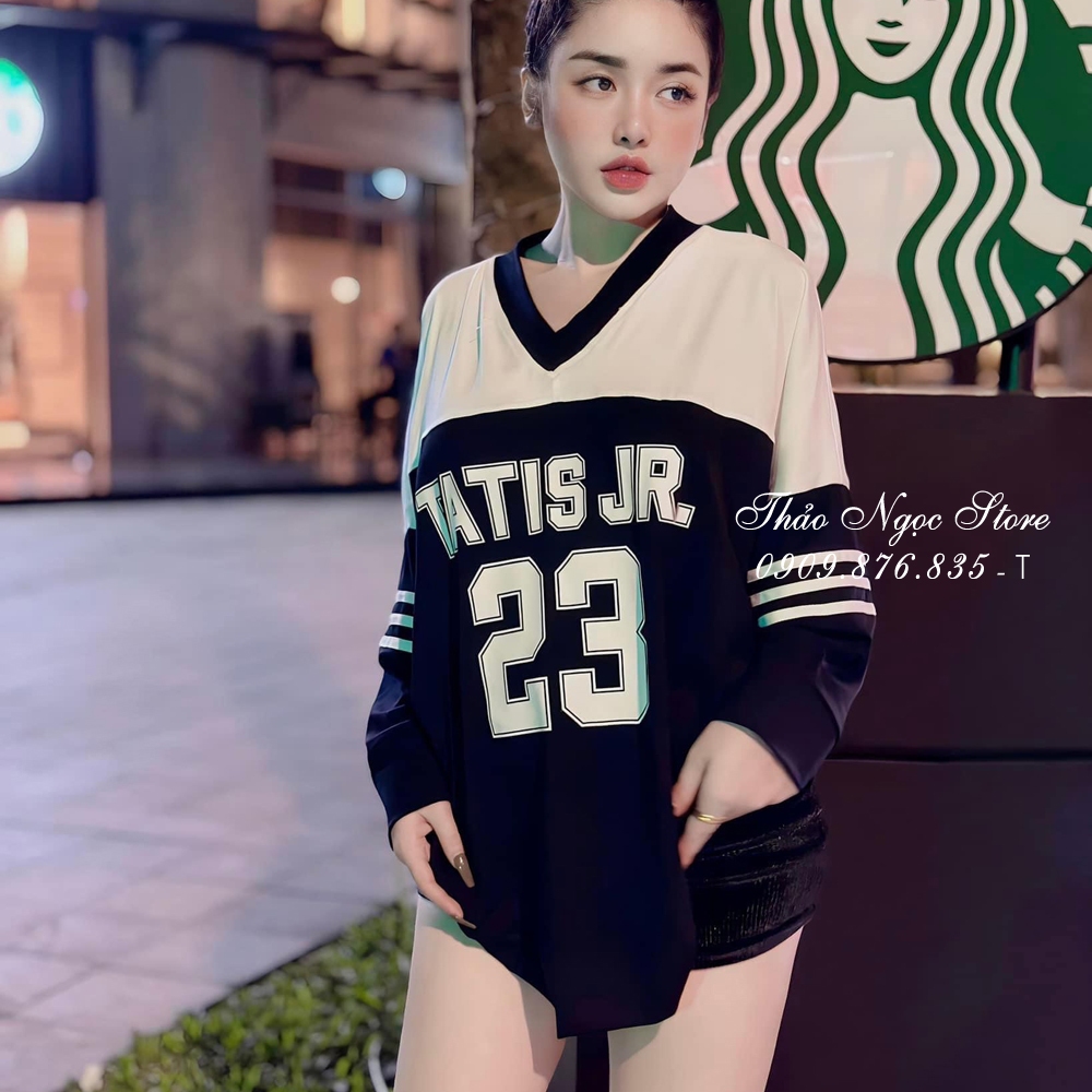 Áo thun nữ form rộng cổ tim số 23, áo thun phối màu form giấu quần!  THẢO NGỌC STORE
