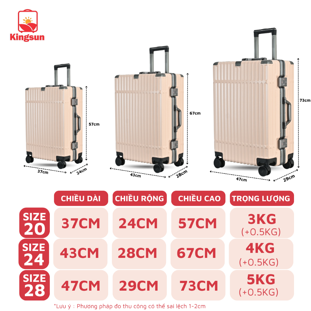 Vali du lịch Kingsun vali khung nhôm khóa sập size 20/24 cao cấp KS051/066 bo góc kim loại chống va đập cực tốt