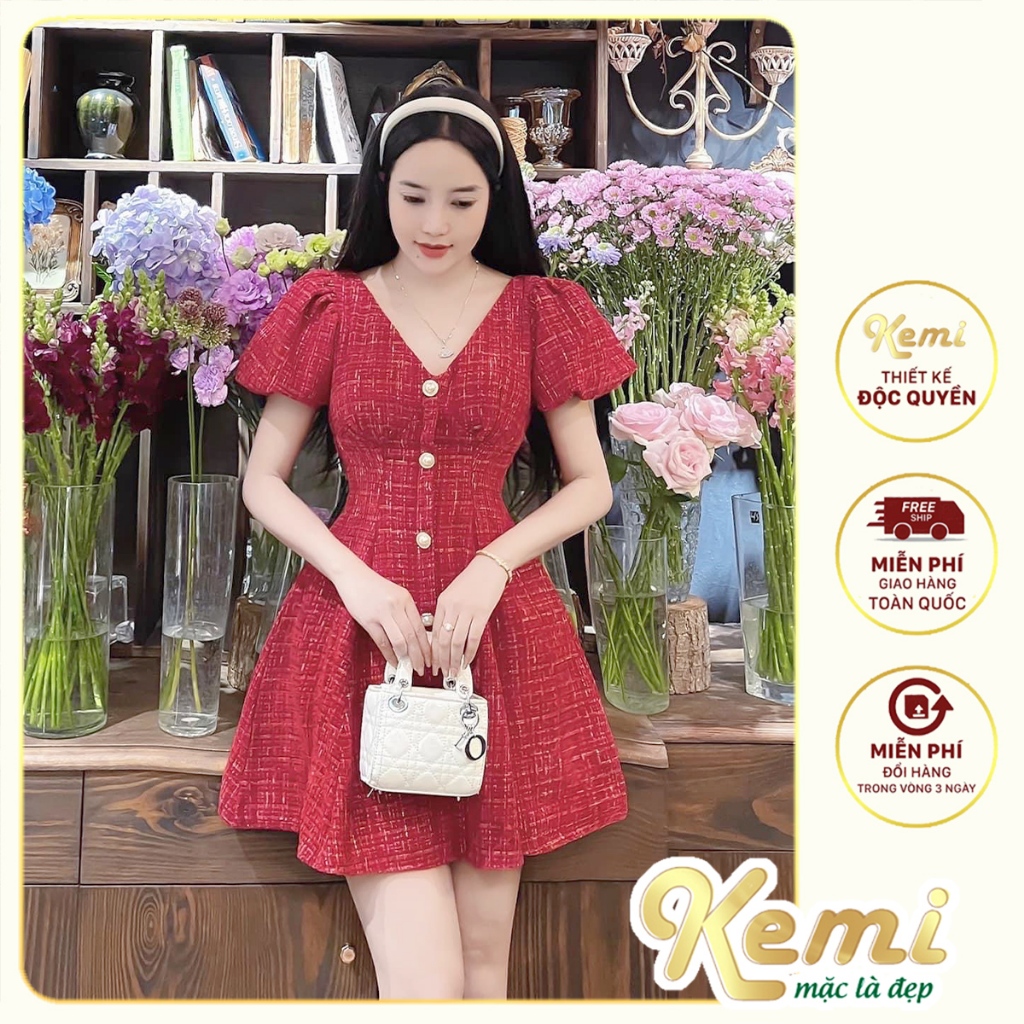 Váy thiết kế, đầm ren lá tay dài dáng dài xòe xếp ly tiểu thư xinh xắn Kemi