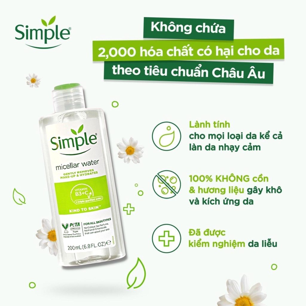 Sữa Rửa Mặt, Tẩy Trang, Nước Hoa Hồng, Sữa Dưỡng Da Simple Kind To Skin Cho Mọi Loại Da150ml - 200ml