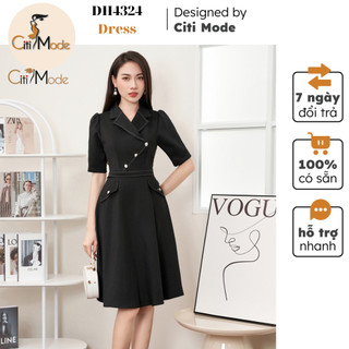 Đầm công sở CITI MODE FASHION thiết kế dáng xoè đen cổ vest đính túi giả DH4324
