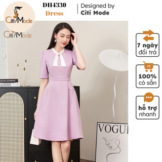 Đầm công sở CITI MODE FASHION thiết kế dáng xoè tím hồng phối cổ nơ trắng DH4330