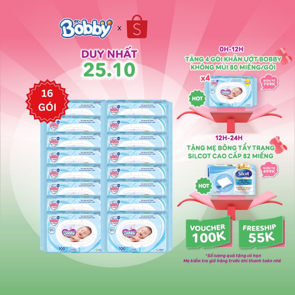 Thùng 16 Gói Khăn ướt Bobby không mùi 100 miếng/gói (Xanh)