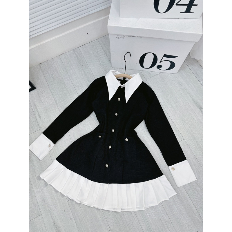ĐẦM ĐEN LINEN BỐ XƯỚC CỔ SƠ MI TRẮNG TAY LẬT XẾP LI