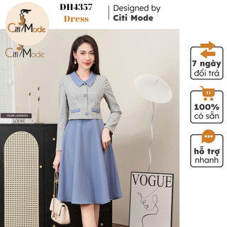 Đầm công sở CITI MODE FASHION thiết kế dáng xoè xanh phối kẻ giả set tay dài DH4357