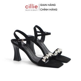 Giày sandal cao gót 9cm cillie đi tiệc màu đen quai ngang đính đá 1101