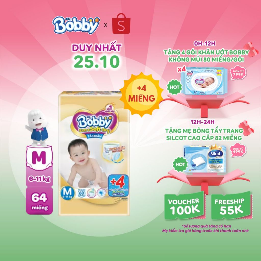 [MỚI] Tã Bobby Quần Extra Soft Dry S70/M60/L52+2/XL46+6/XXL42+4