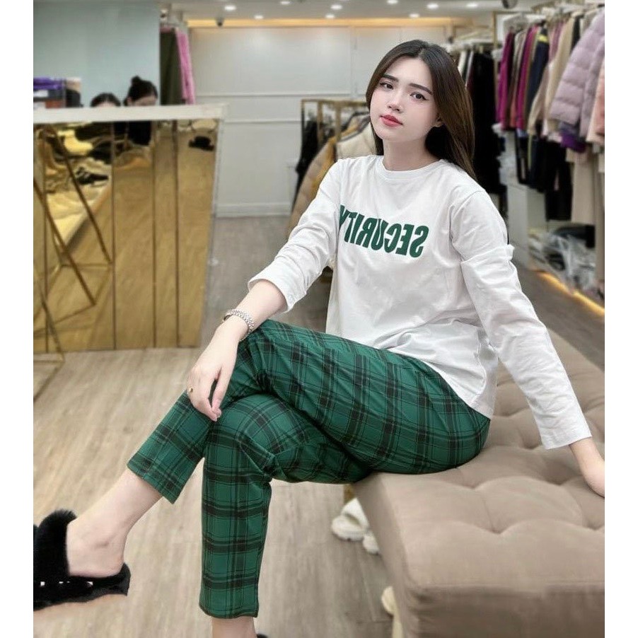 Bộ áo cotton quần thô kẻ 2 màu
