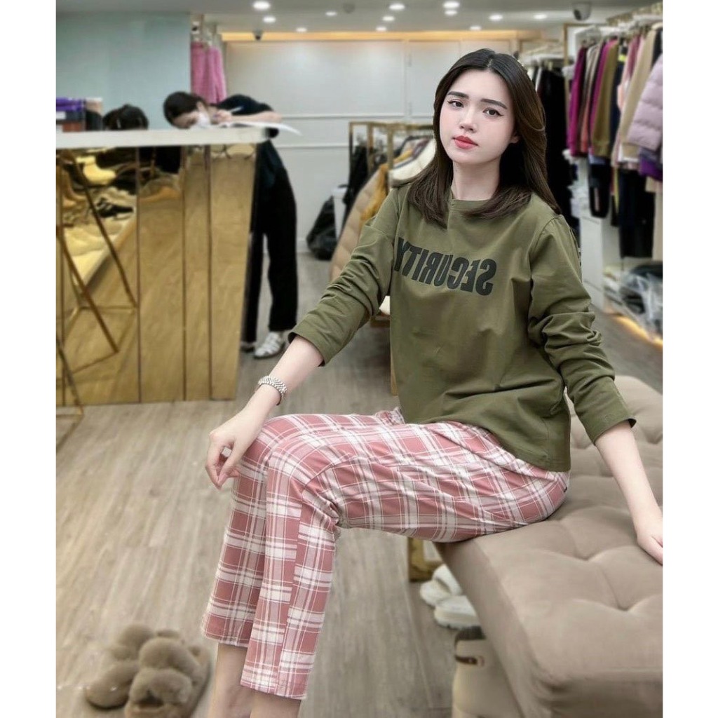 Bộ áo cotton quần thô kẻ 2 màu