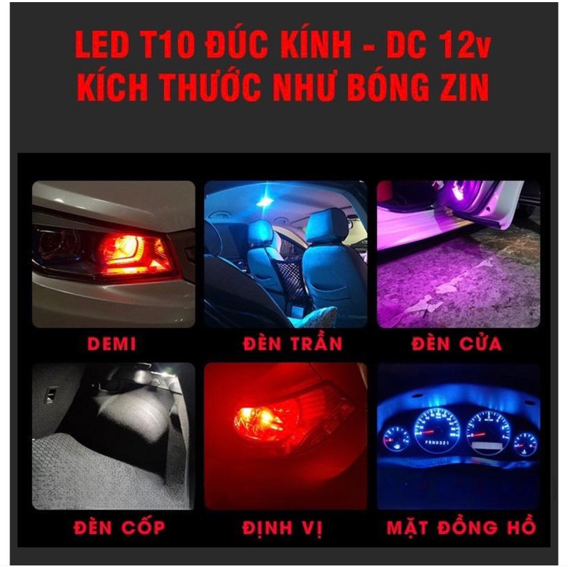 01 bóng LED T10 sáng tốt ĐÚC KÍNH như zin lắp mặt đồng hồ, demi, xi nhan xe máy, ô tô DC 12v