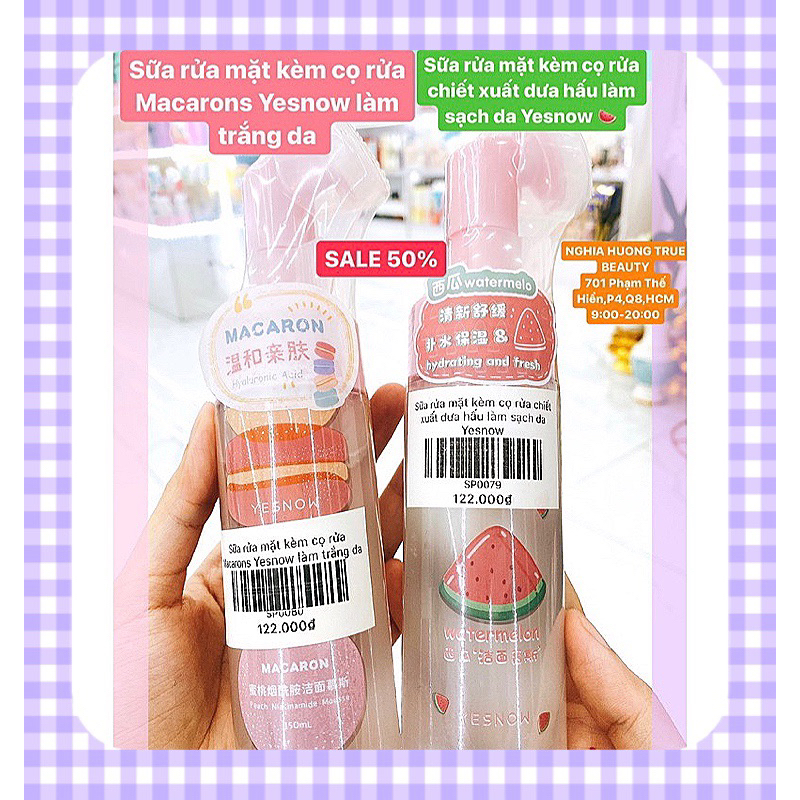 Sữa rửa mặt kèm cọ rửa Macarons Yesnow làm trắng da/ Sữa rửa mặt kèm cọ rửa chiết xuất dưa hấu làm sạch da Yesnow