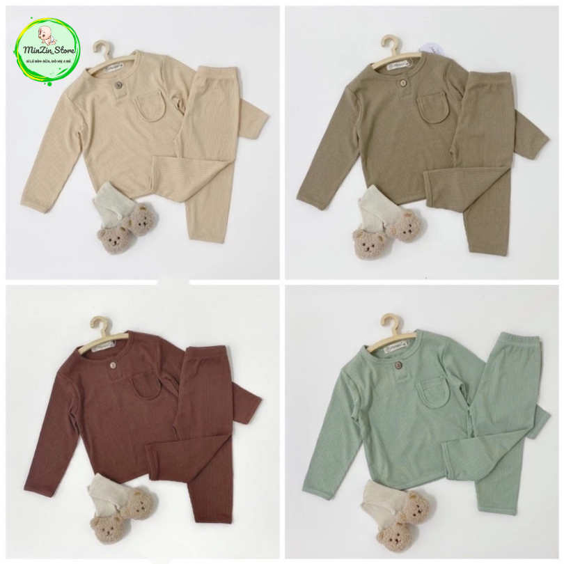 Bộ tăm lạnh trơn có túi ngực cho bé trai 3-14kg mặc thu đông