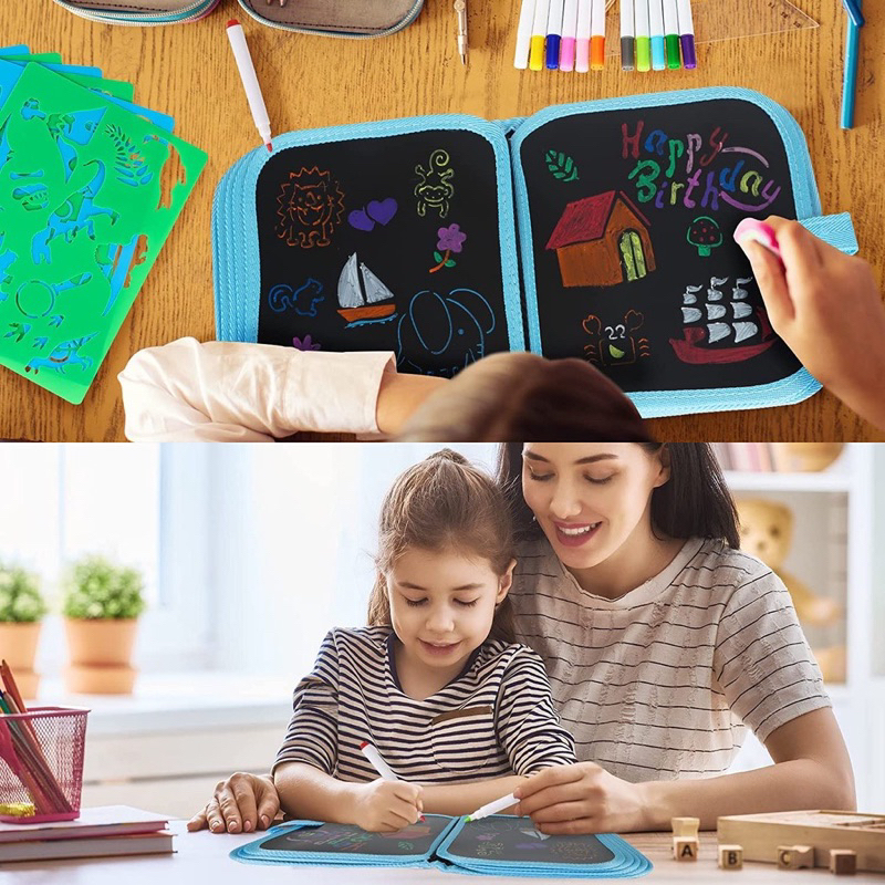 Đồ Chơi sách vẽ, tập vẽ, sổ vẽ tô màu tự xóa graffiti phát sáng chất tiệu PP bọc vải TẶNG KÈM BÚT - Metis