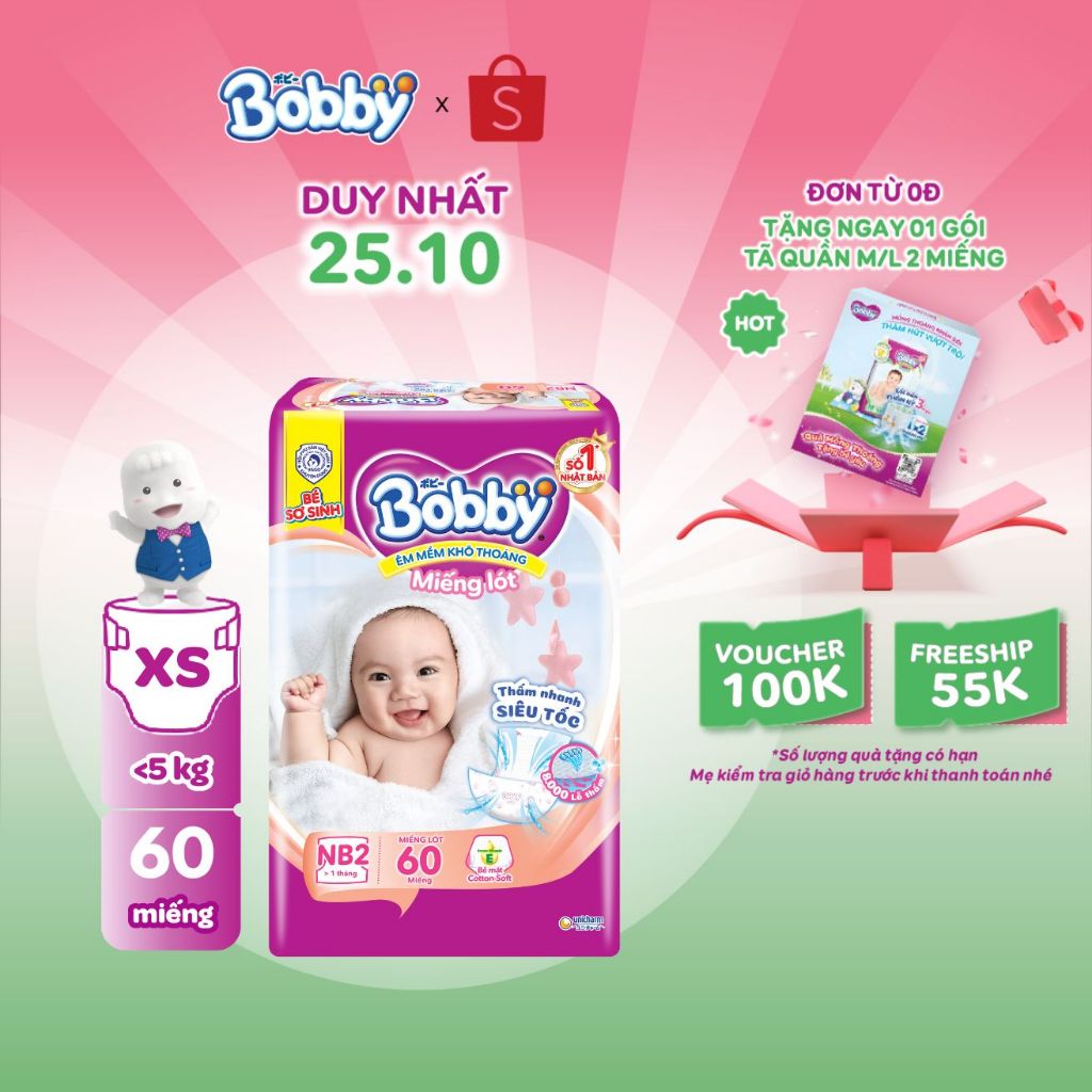 Miếng lót sơ sinh Bobby Newborn 2-60 miếng