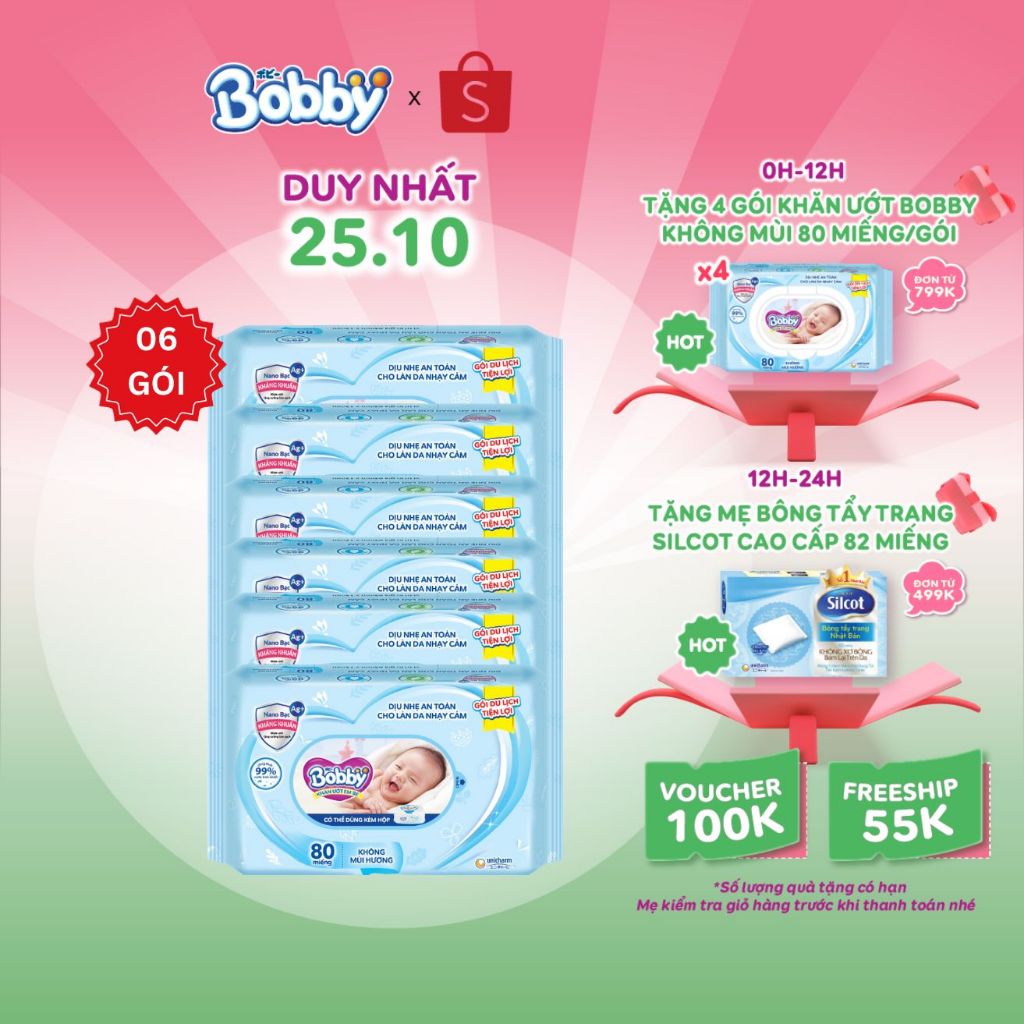 Combo 6 gói khăn ướt Bobby Care gói Bổ sung 80