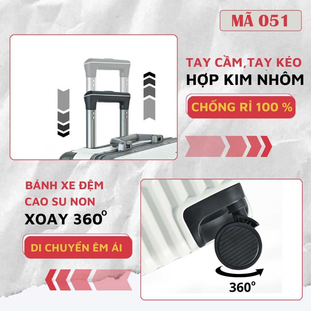 Vali du lịch Kingsun vali khung nhôm khóa sập size 20/24 cao cấp KS051/066 bo góc kim loại chống va đập cực tốt