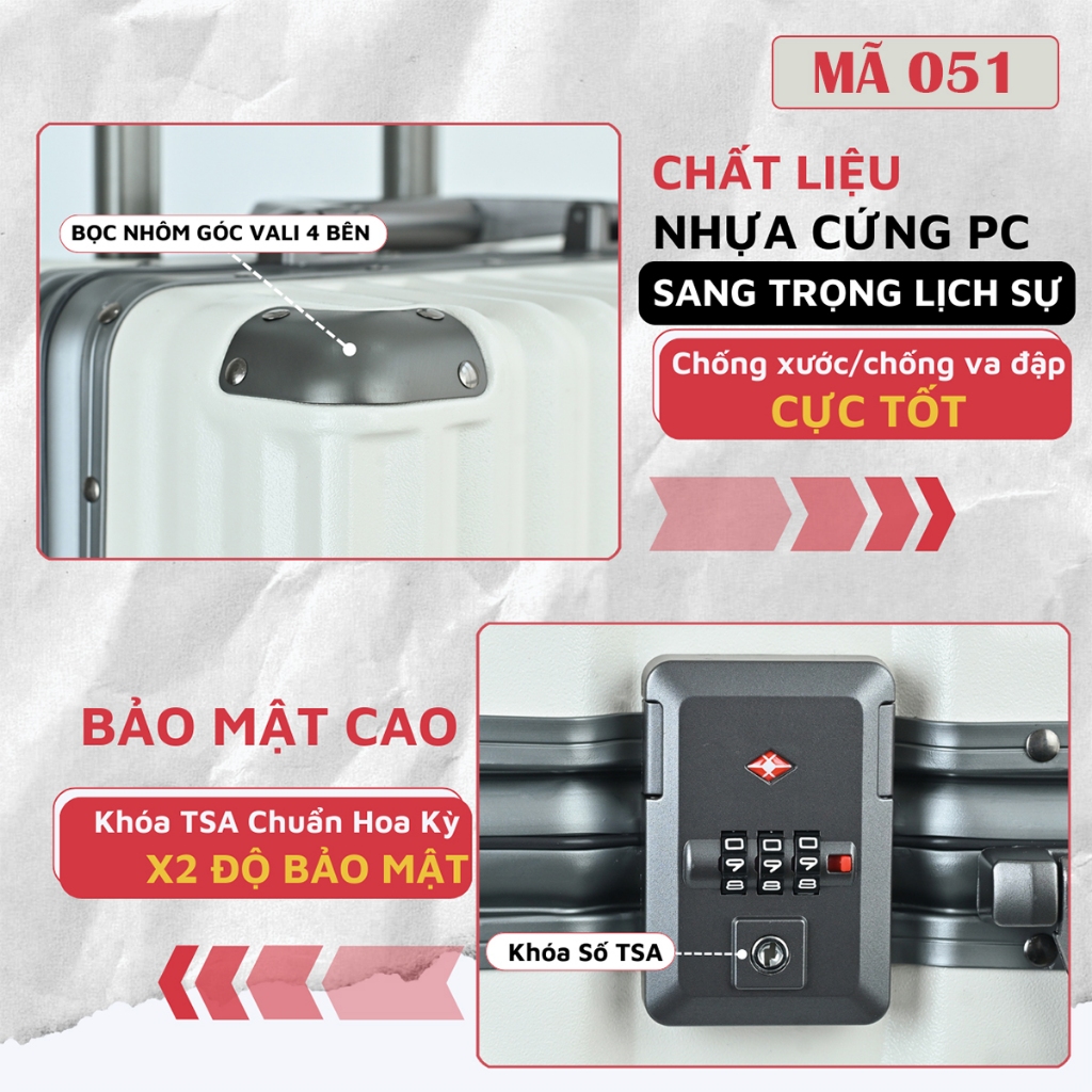 Vali du lịch Kingsun vali khung nhôm khóa sập size 20/24 cao cấp KS051/066 bo góc kim loại chống va đập cực tốt