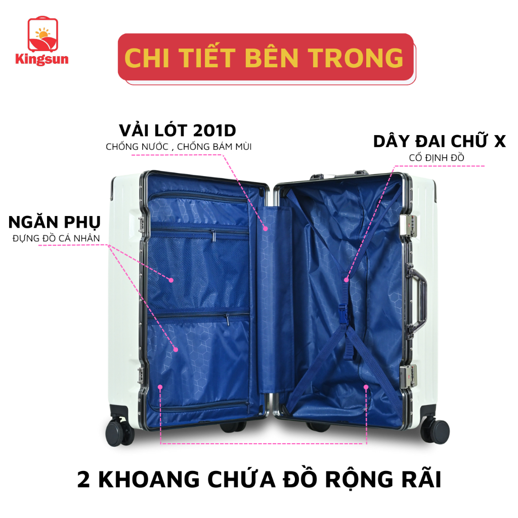 Vali du lịch Kingsun vali khung nhôm khóa sập size 20/24 cao cấp KS051/066 bo góc kim loại chống va đập cực tốt