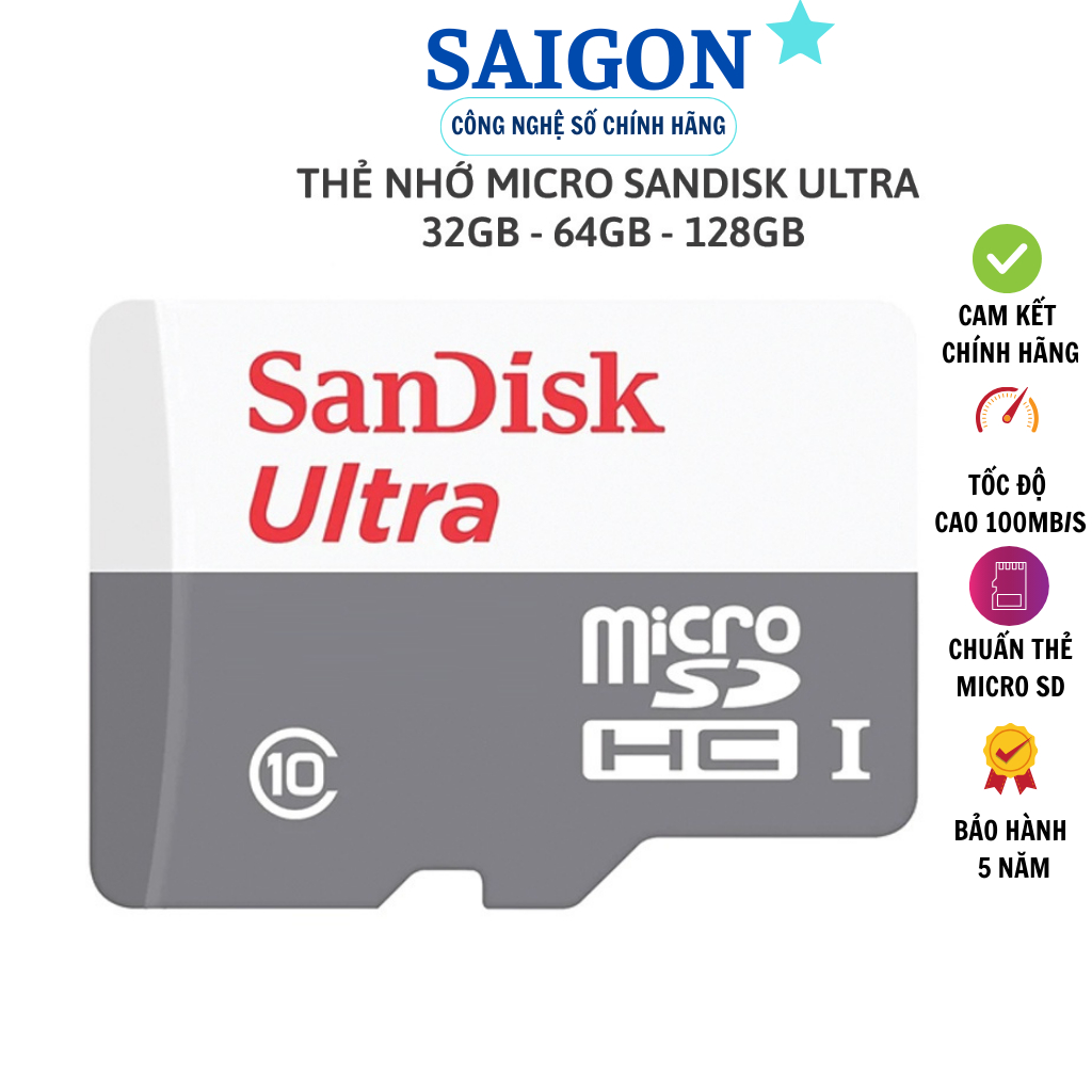 Thẻ nhớ Micro Sandisk Ultra 32GB/64GB/128GB dùng điện thoại, máy ảnh,camera-Thẻ nhớ tốc độ cao Class 10 Ultra. BH: 5 năm