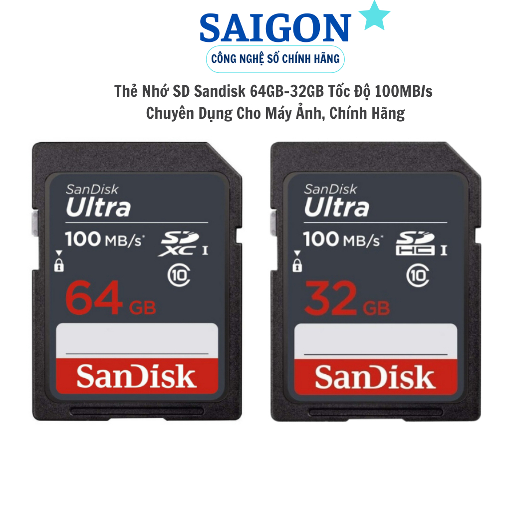 Thẻ nhớ SDHC Sandisk 16G 32G 64G Ultra Class 10 100MB/s ,cho máy ảnh và quay phim FullHD 1080p, chính hãng, BH: 5 năm