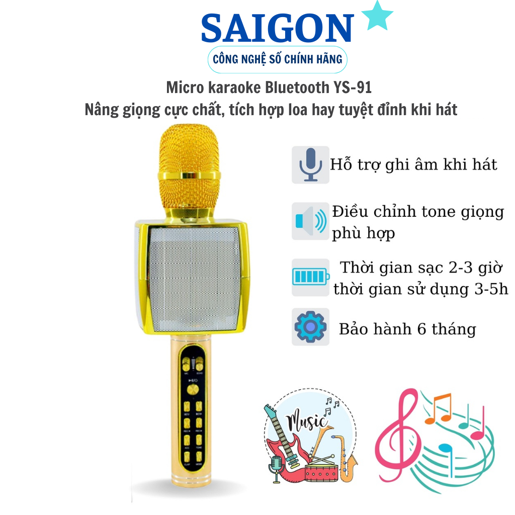 Micro Karaoke Bluetooth YS-91 Mic không dây có chỉnh giọng hỗ trợ ghi âm thẻ nhớ bass chuẩn BH6 tháng FREE SHIP