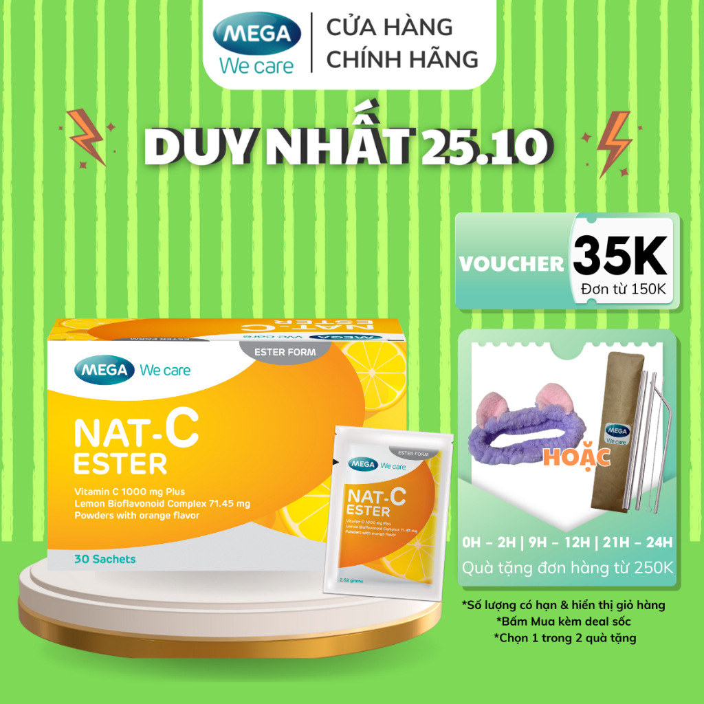 Gói bột hòa tan Vitamin C vị cam, sáng da, tăng cường đề kháng, giảm cảm cúm, cảm lạnh NAT C ESTER 30 gói (30 ngày)