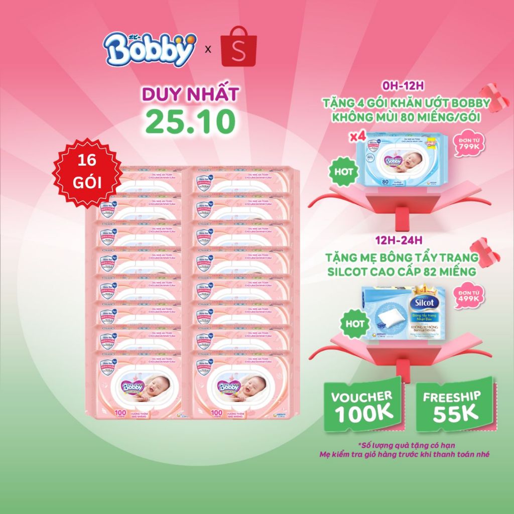 Thùng 16 Gói Khăn ướt Bobby Care hương thơm nhẹ nhàng 100 miếng/gói (Hồng)