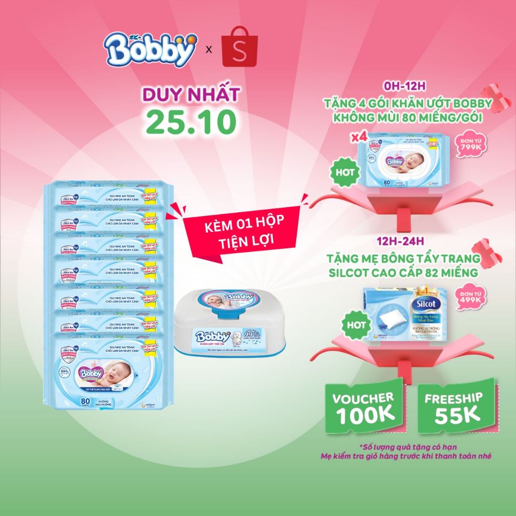 Combo 7 Gói Khăn ướt Bobby không mùi 80 miếng và 1 hộp khăn ướt tiện lợi