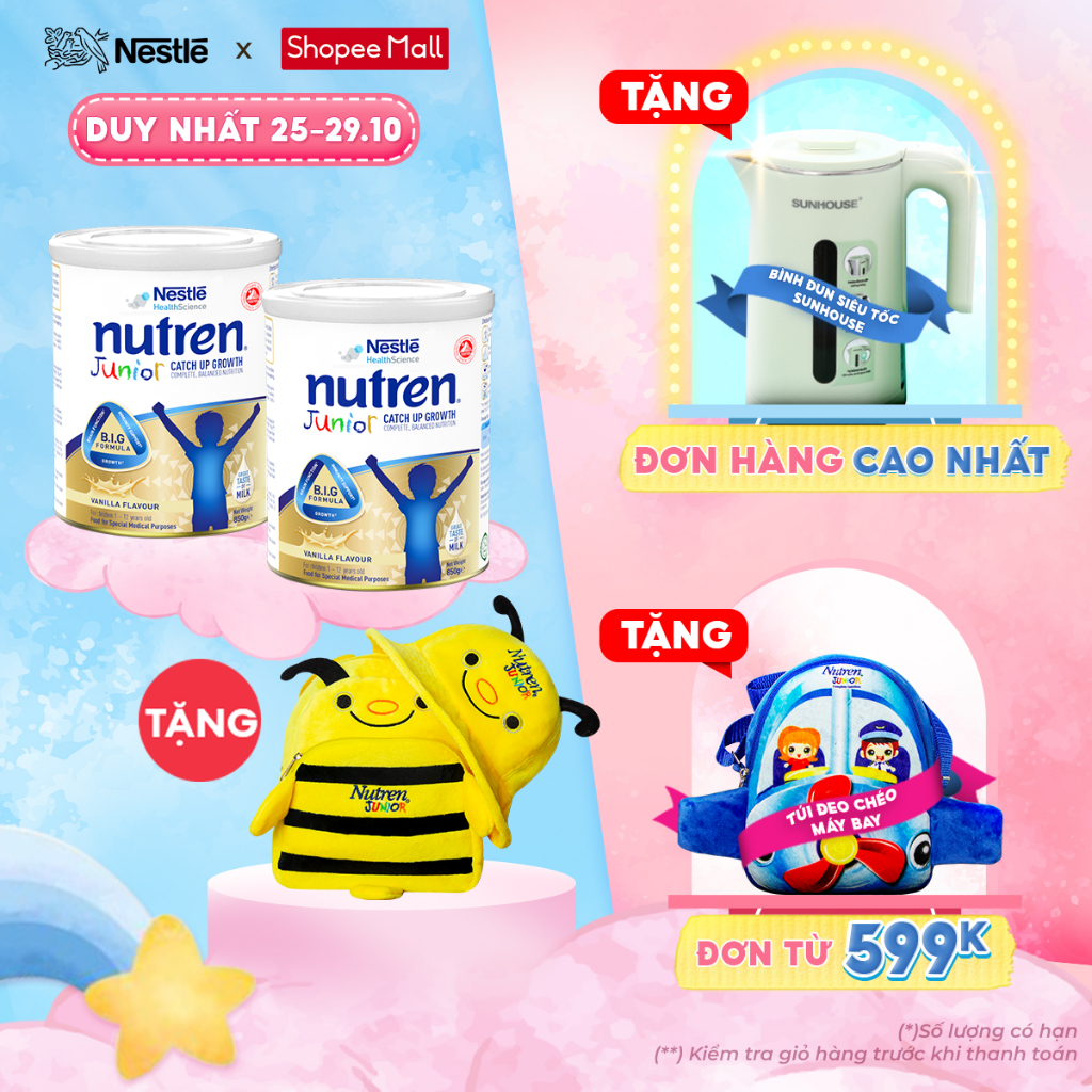 [Tặng 1 balo và nón con ong] Combo 2 lon sữa bột Nutren Junior 850g