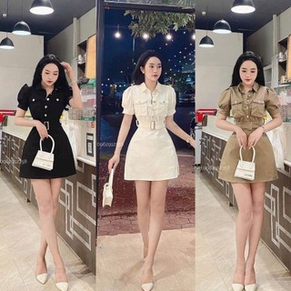 Đầm váy nữ cổ sơ mi tay búp dáng chữ A kèm đai nịt 3 màu thanh lịch sang trọng chất kaki mềm