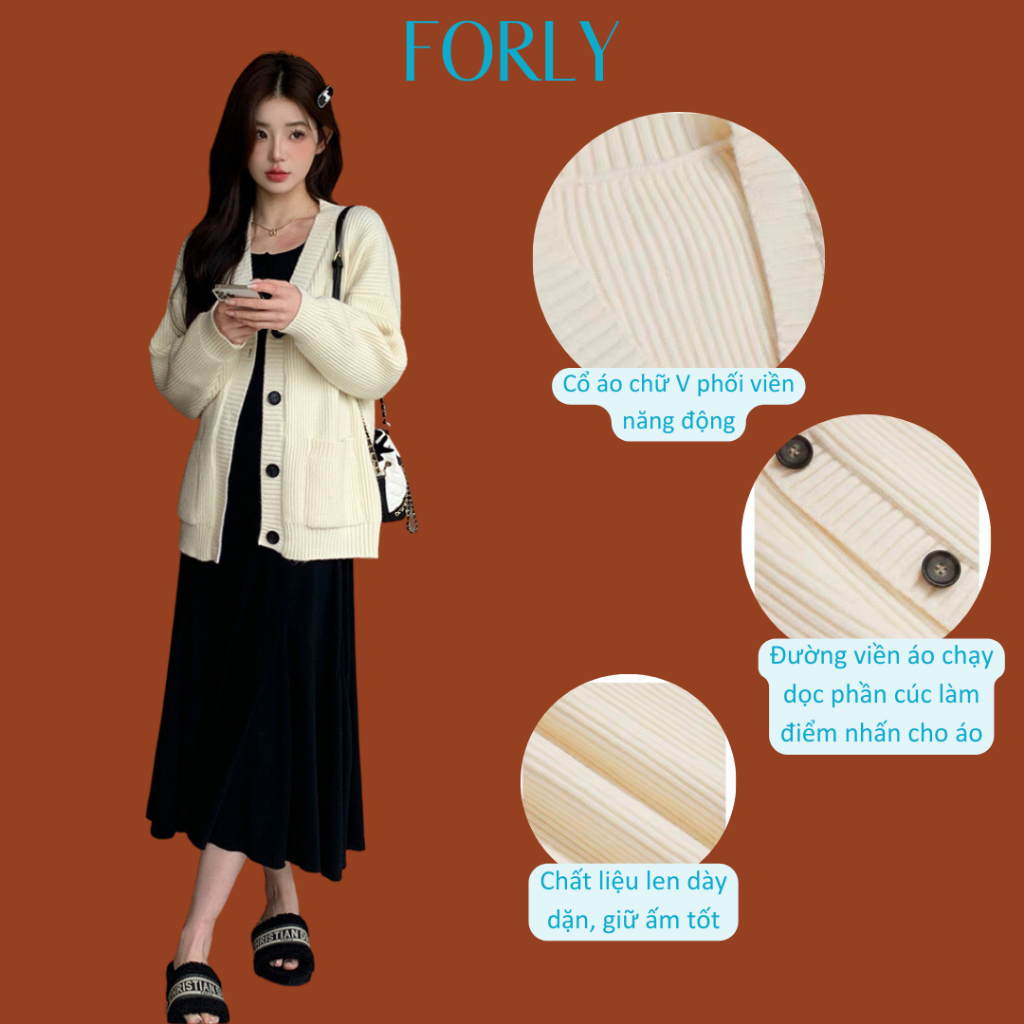 Áo khoác len cardigan Forgirstudio trơn cổ V phối túi thu đông ấm áp T009