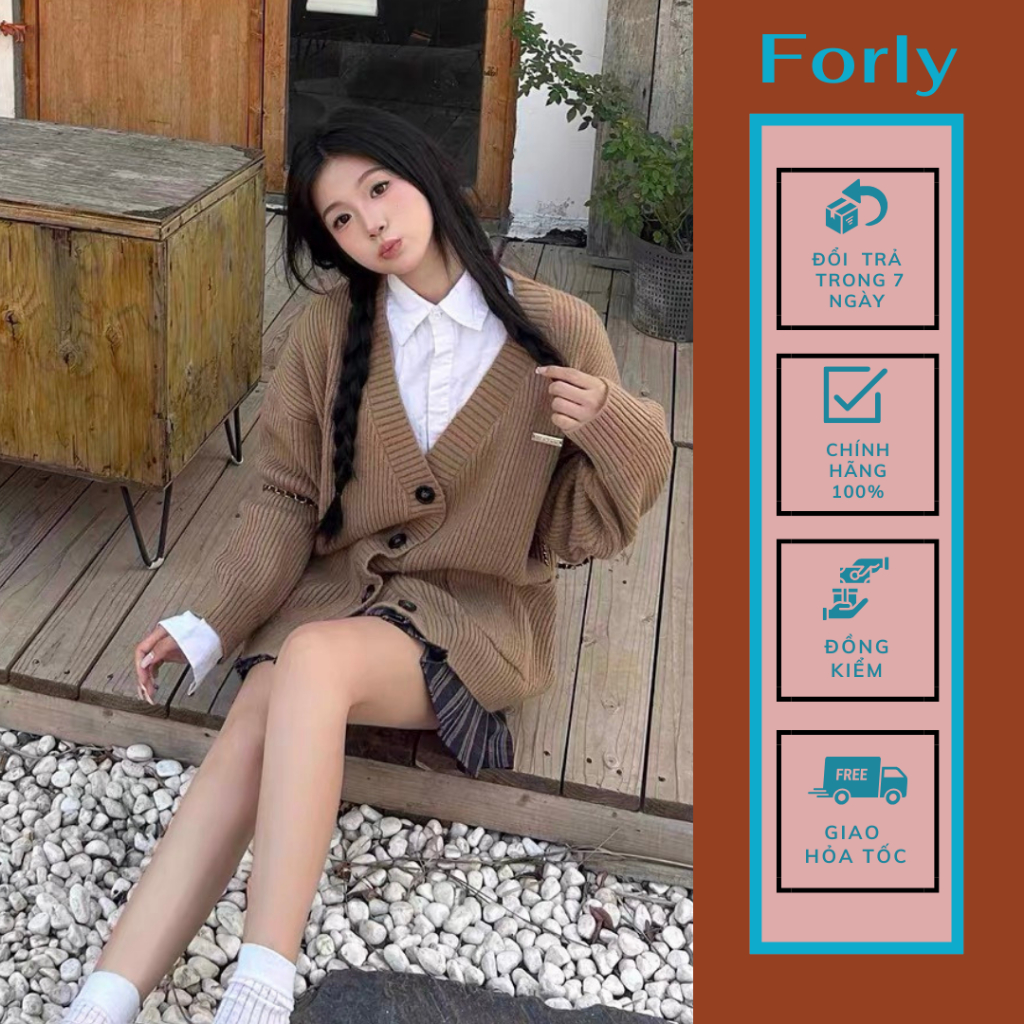 Áo khoác len cardigan Forgirstudio trơn cổ V phối túi thu đông ấm áp T009