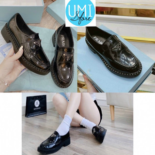 Giày nữ pra da bóng moca lười đế cao mũi tròn