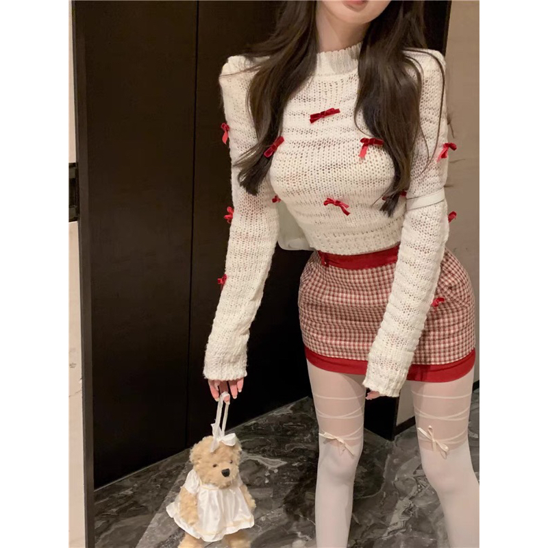 DORÉE - Set áo len đính nơ tay dài + chân váy kẻ sọc phong cách mùa đông