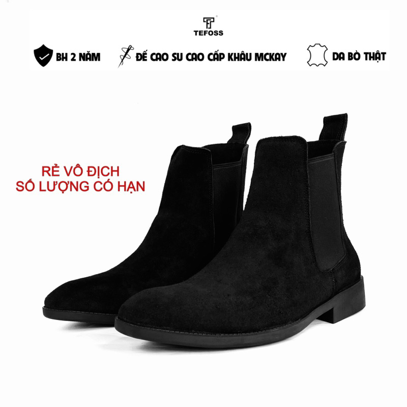 Giày nam chelsea boot da bò thật TEFOSS HT350 size 38-44- Da lộn đen mũi nhọn