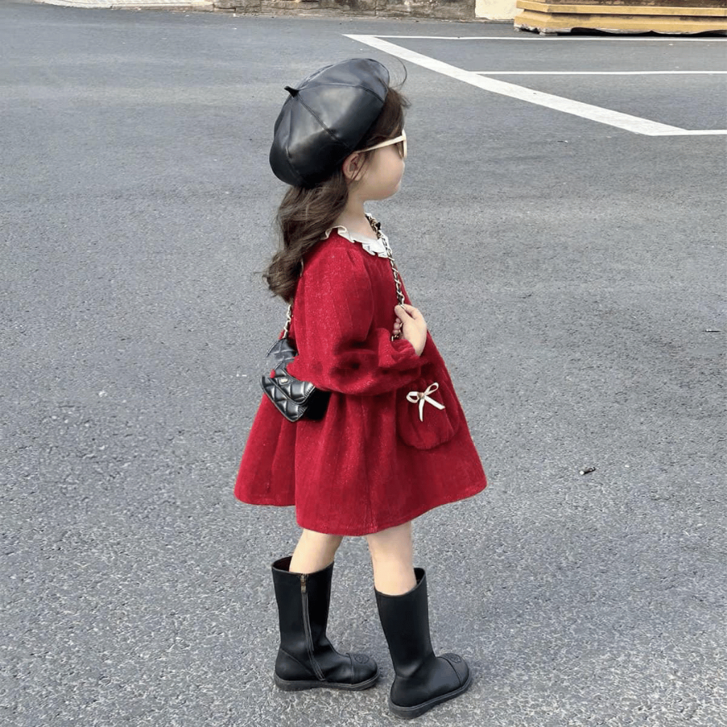 TT317  Váy đỏ nhung kim sa cổ cách điệu cho bé gái - MOMCARE Fashion