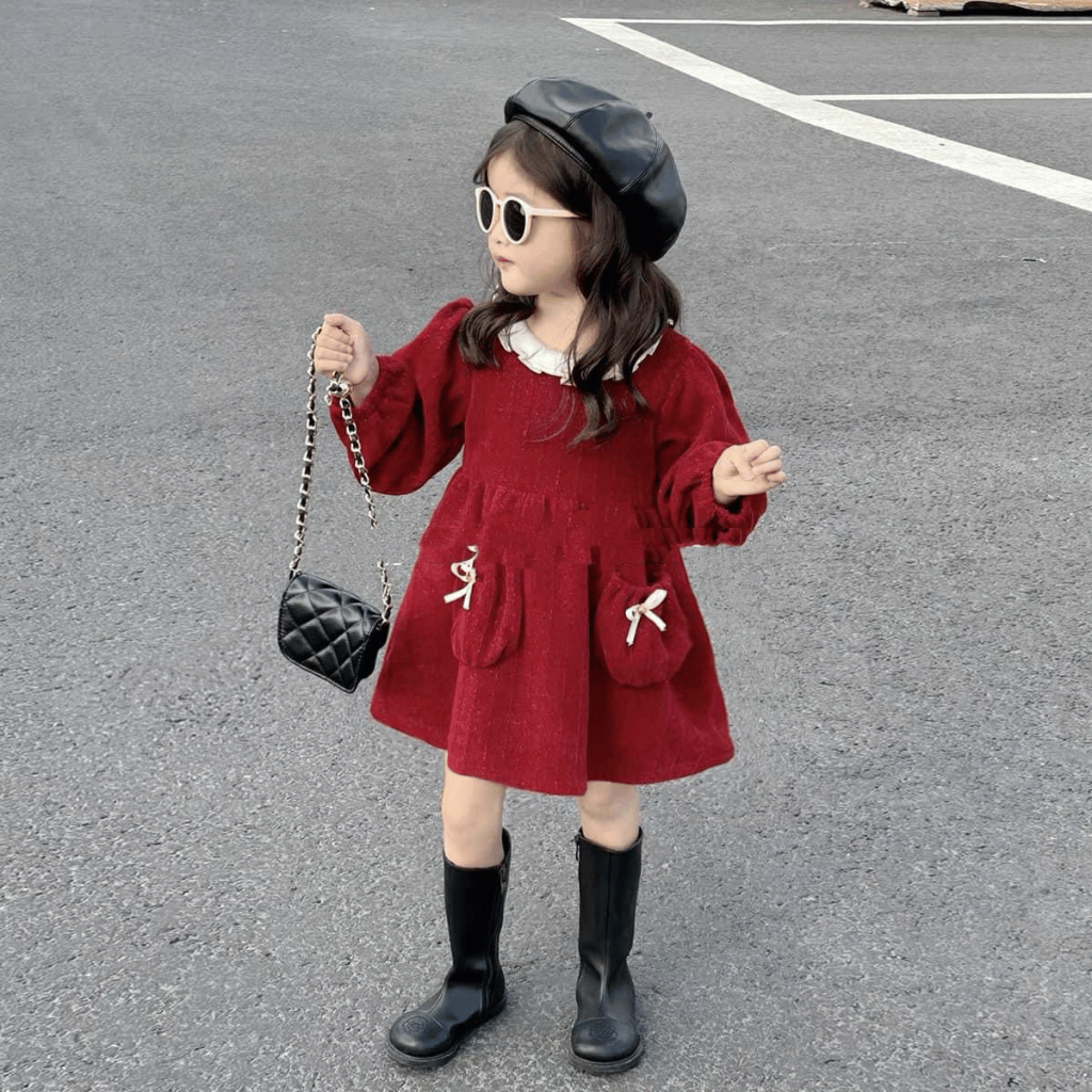 TT317  Váy đỏ nhung kim sa cổ cách điệu cho bé gái - MOMCARE Fashion