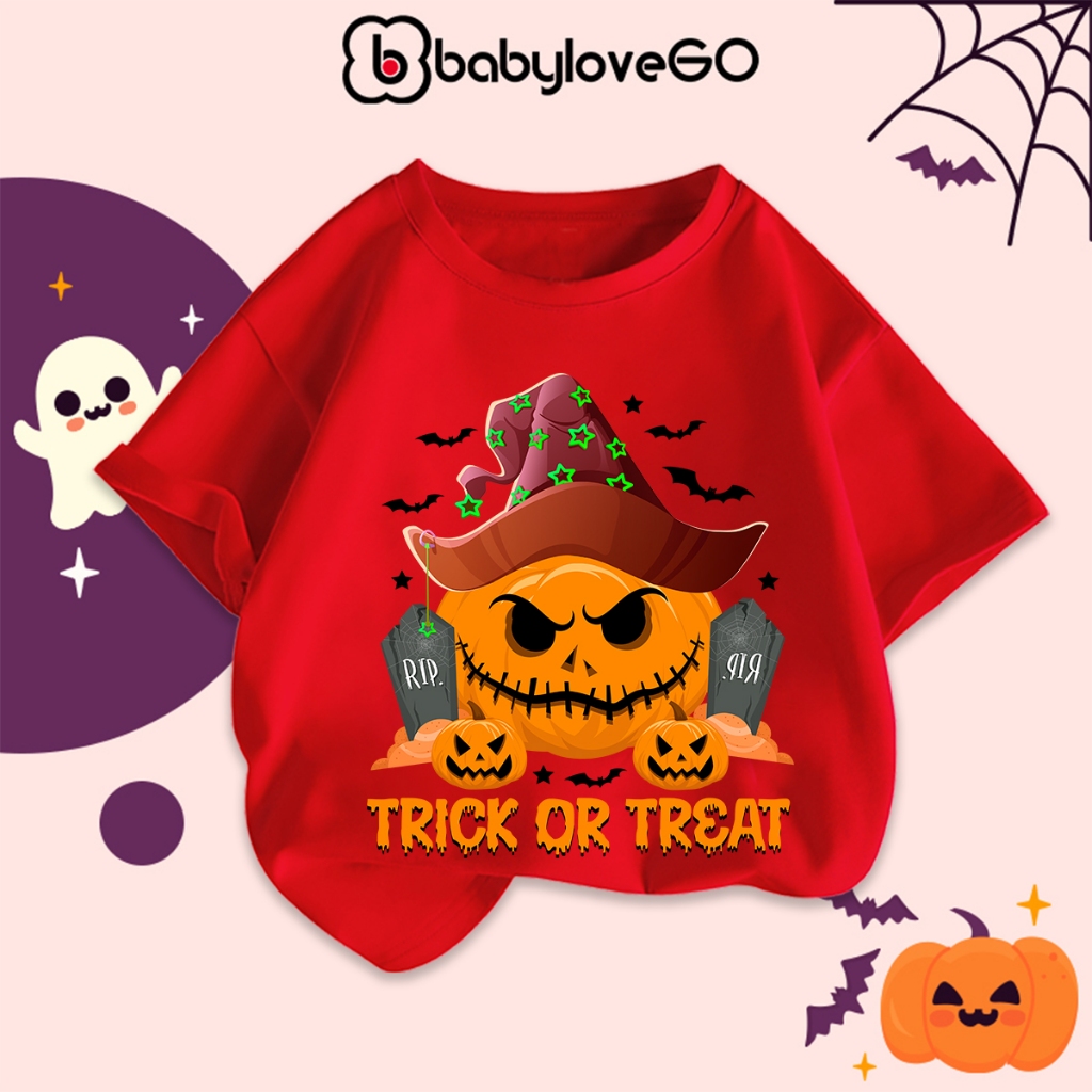 Áo thun Halloween cho bé trai bé gái BabyloveGO 2024 áo phông cổ tròn cộc in hình độc đào cho bé