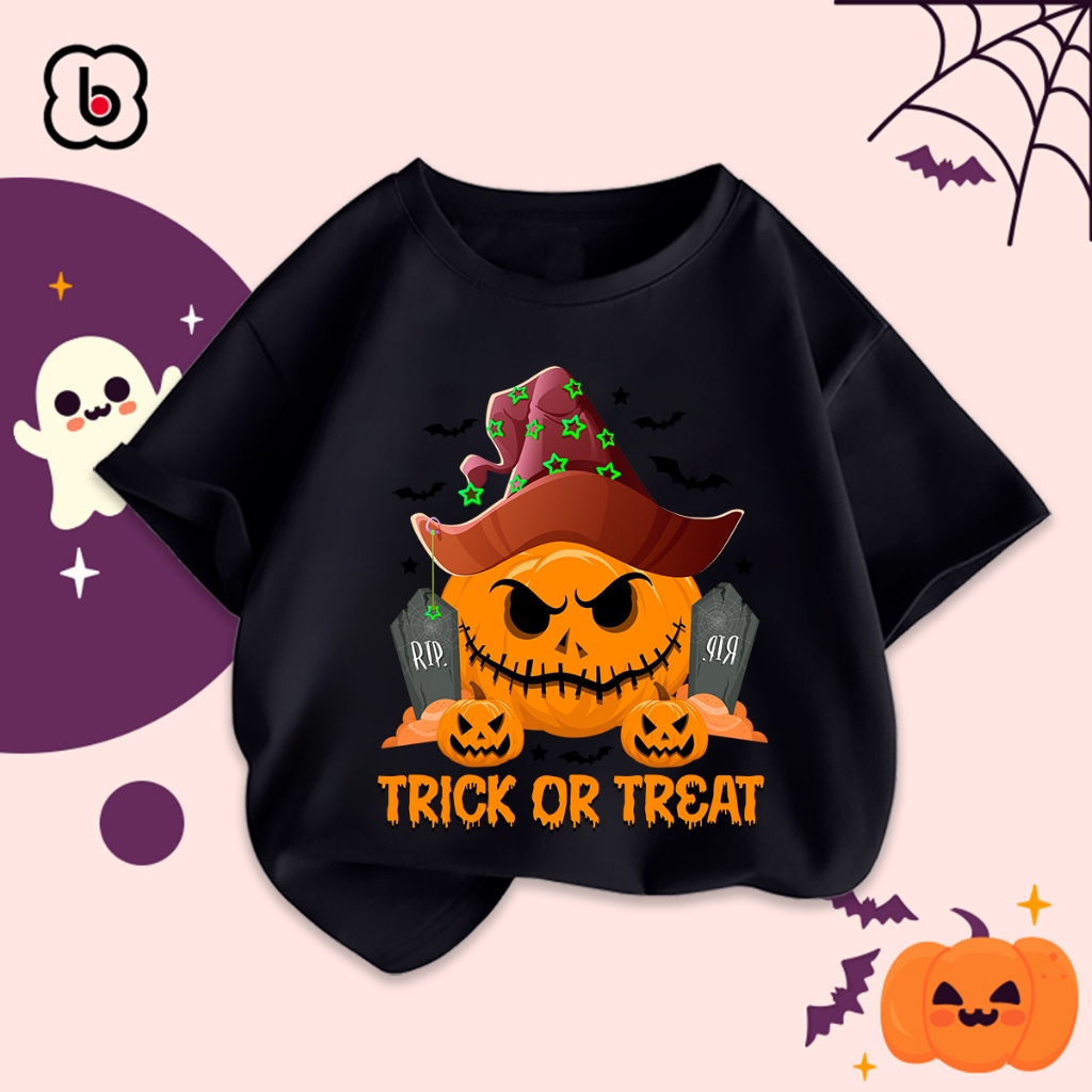 Áo thun Halloween cho bé trai bé gái BabyloveGO 2024 áo phông cổ tròn cộc in hình độc đào cho bé