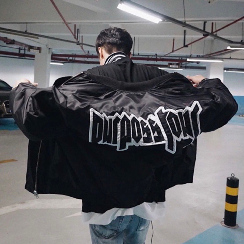 Áo Bomber Gió Nam Nữ CD Đen Thêu Chữ Fa Purpose Tour Sau Lưng Phối Túi Khoá Tay 2 Lớp Basic Cho Các Boy Phố