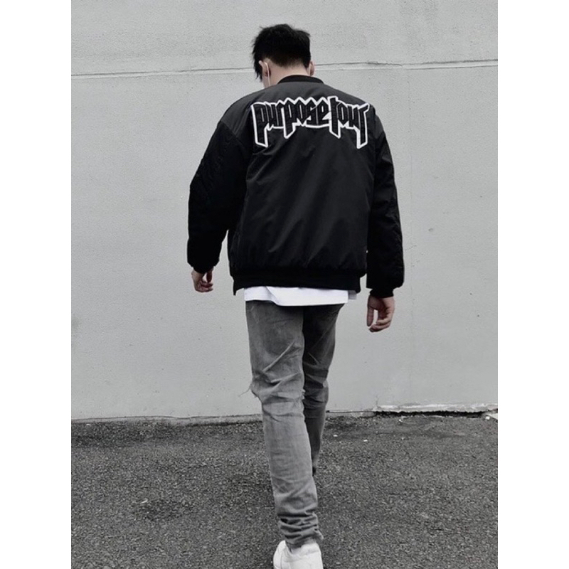 Áo Bomber Gió Nam Nữ CD Đen Thêu Chữ Fa Purpose Tour Sau Lưng Phối Túi Khoá Tay 2 Lớp Basic Cho Các Boy Phố