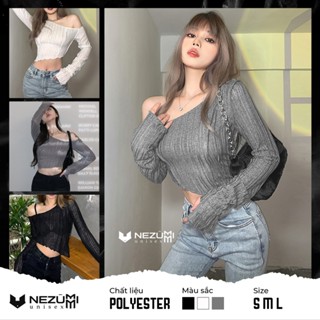 (Sẵn đen, trắng, xám S M L_Ảnh thật) Áo croptop dài tay vạt chéo hở vai lệch 1 bên màu trơn sexy dance