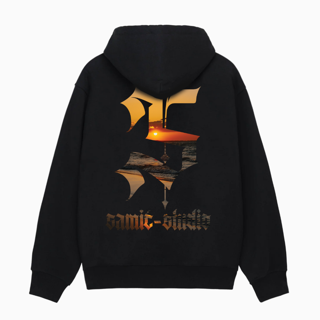HOODIE NỈ IN LOGO HOÀNG HÔN SAMIÉ - HOODIE NỈ ĐEN FORM RỘNG - ÁO KHOÁC NỈ ĐEN IN LOGO CAM HOÀNG HÔN SAMIÉ