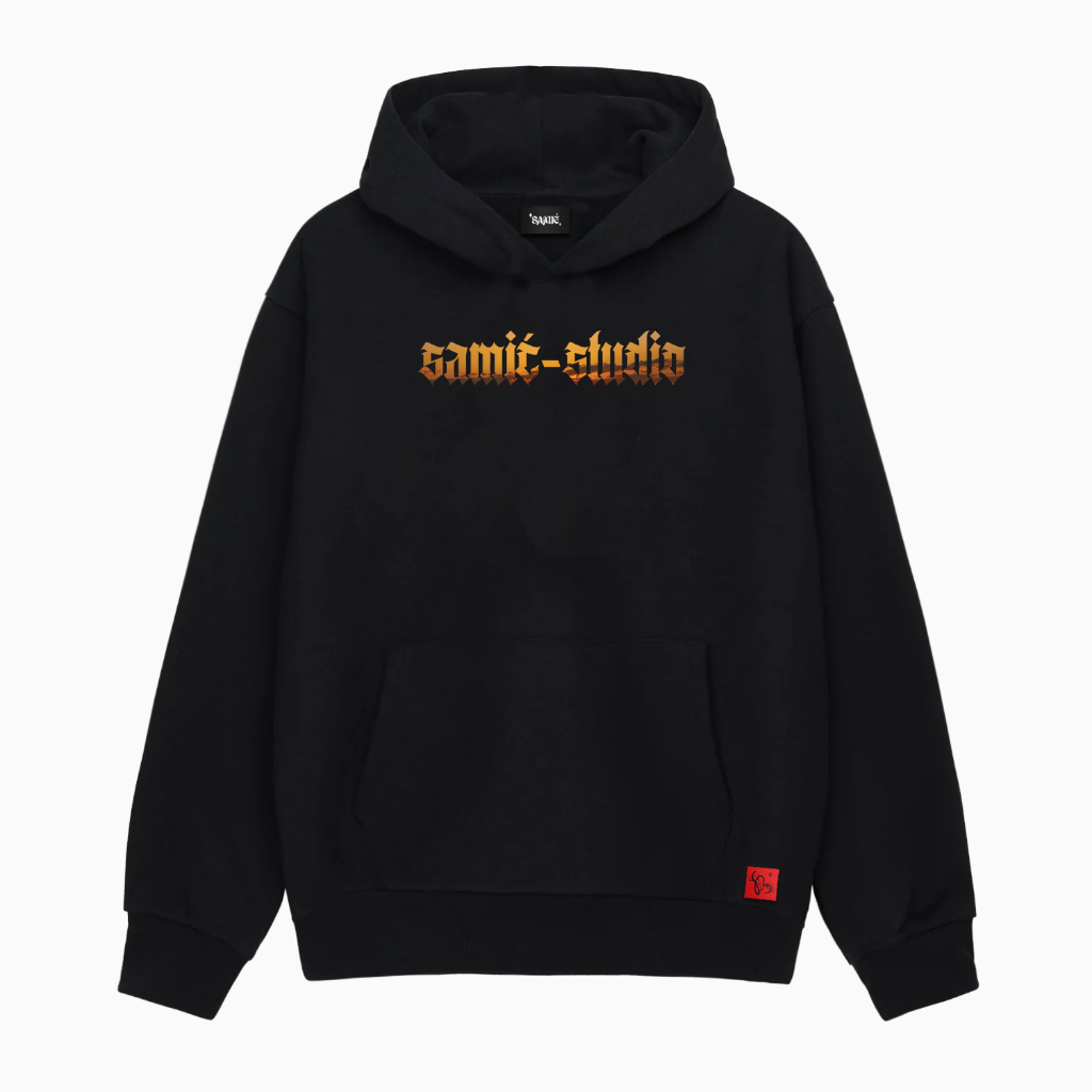 HOODIE NỈ IN LOGO HOÀNG HÔN SAMIÉ - HOODIE NỈ ĐEN FORM RỘNG - ÁO KHOÁC NỈ ĐEN IN LOGO CAM HOÀNG HÔN SAMIÉ