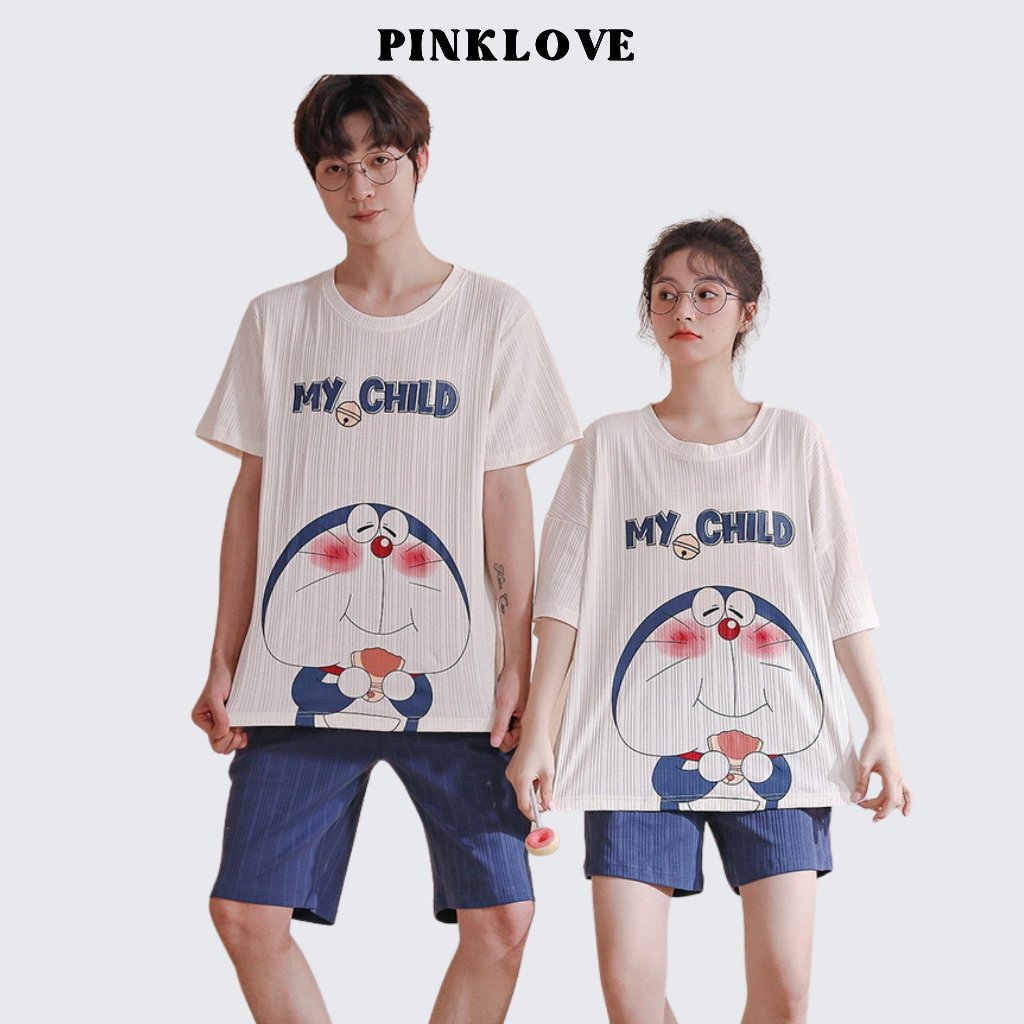 Đồ ngủ đôi nam nữ mùa hè cộc tay PINKLOVE set đồ bộ mặc nhà cổ tròn hình dễ thương hàn quốc P076