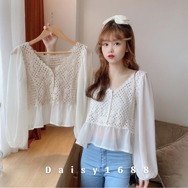 Hàng Sẵn - Áo Kiểu Vải Voan Phối Len Móc Đơn Giản Phong Cách Vintage