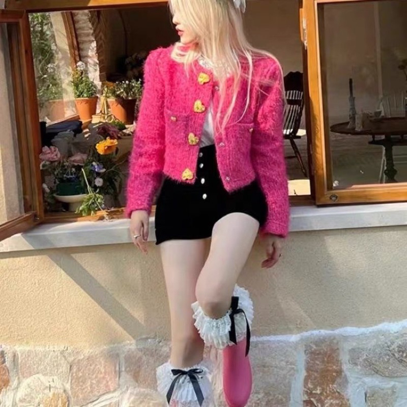 Áo khoác cardigan dạ tweed áo khoác dệt kim tay dài màu hồng đỏ thời trang chic ulzzang SAM SAM BOUTIQUE